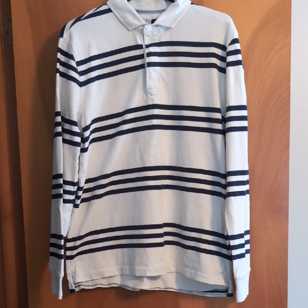 Lands' End Men's Navy and White Striped Polo Rugby Shirt